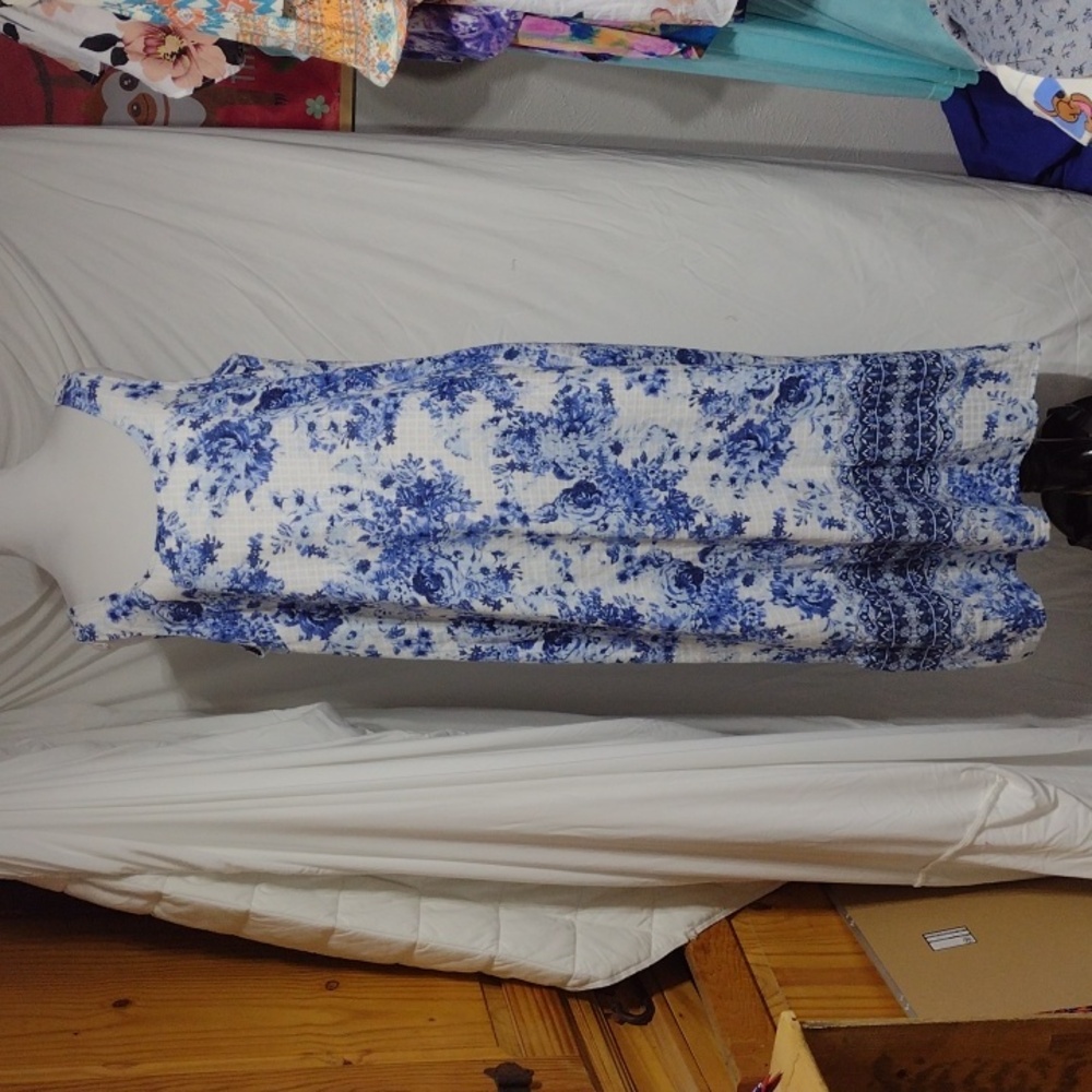 Gorgeous JJill cotton dress with blue roses, sz PETITE XL